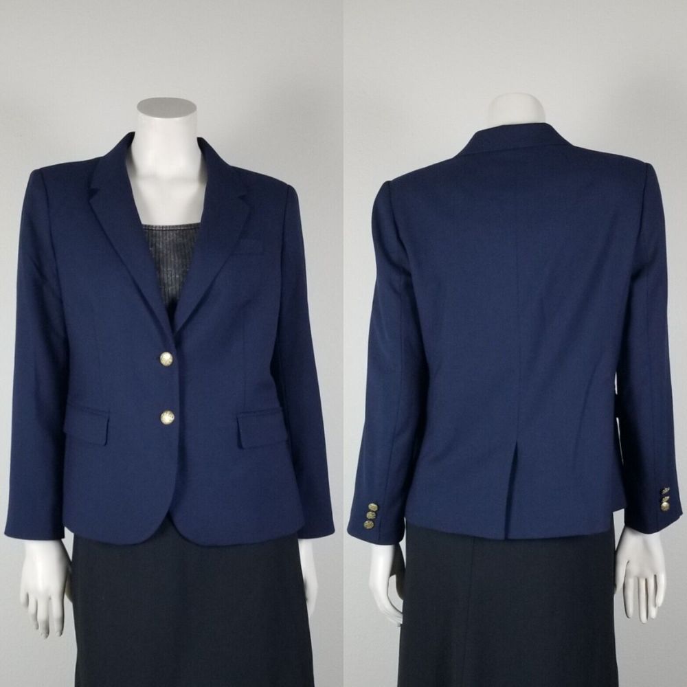 J. Crew Factory Navy Wool-Blend Gold Buttons Academia Career Blazer Sz 10 AZ565